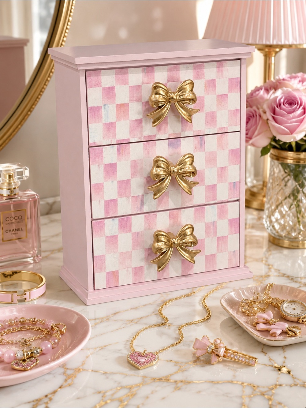 Hand Crafted Rosy Check & Gold Bow Wood Drawer Organizer 11”